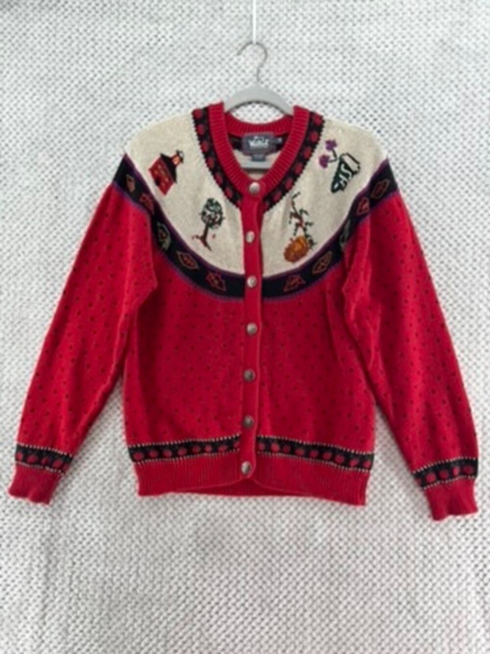 VTG Woolrich Autum Sweater Cardigan Women M Red Novelty Knit Teacher Art To Wear